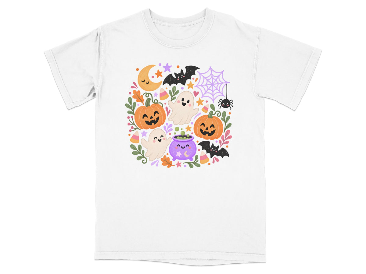 White t-shirt with a Halloween-themed graphic featuring pumpkins, ghosts, bats, and a spiderweb.