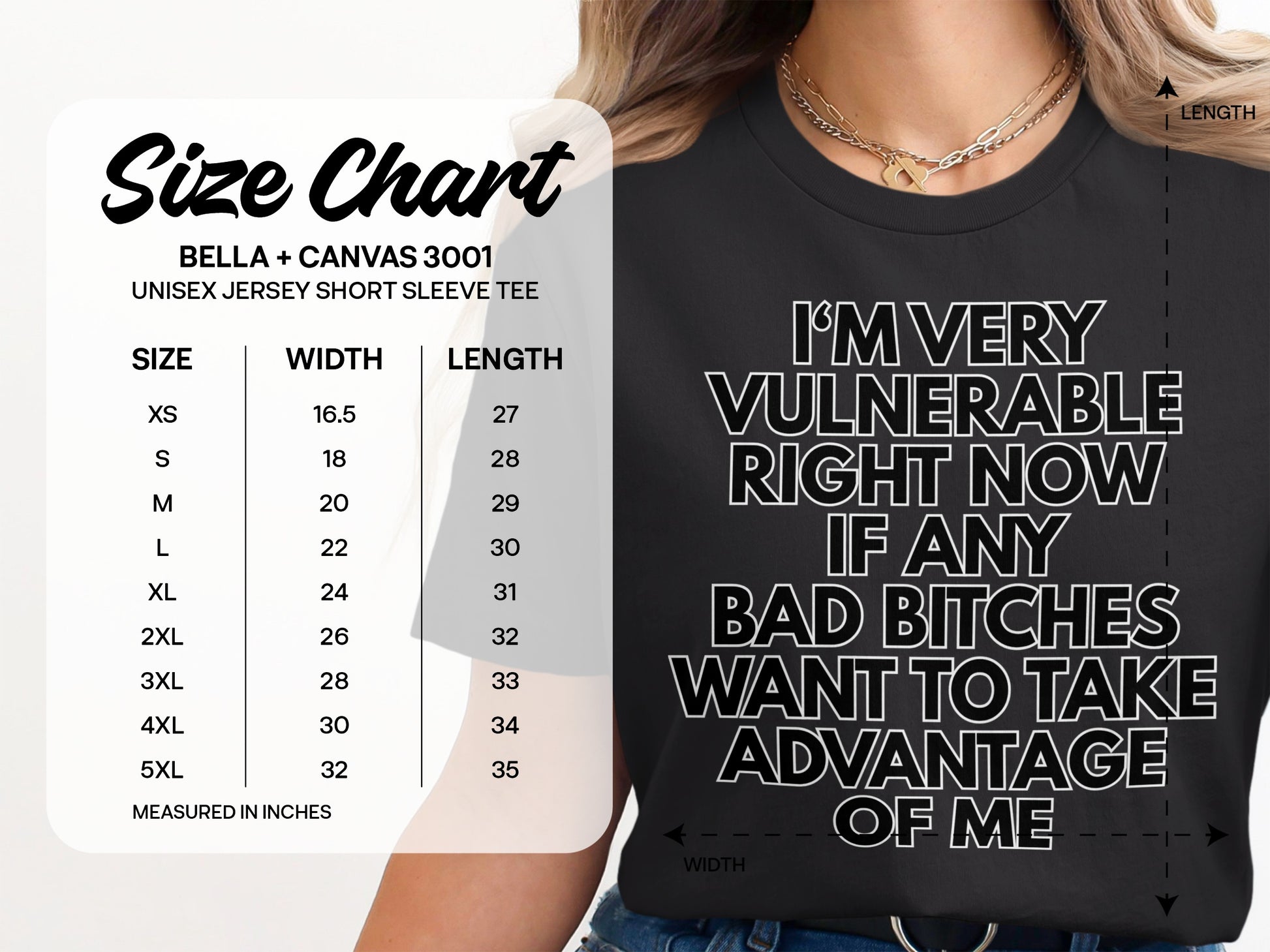 Bella + Canvas 3001 unisex jersey short sleeve tee size chart with width and length measurements.
