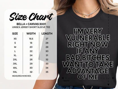 Bella + Canvas 3001 unisex jersey short sleeve tee size chart with width and length measurements.