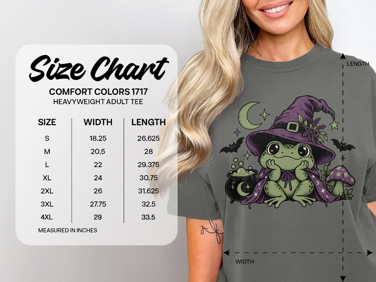 Comfort Colors 1717 t-shirt size chart with measurements from S to 4XL next to a model.