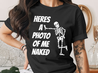 Black t-shirt with white text and skeleton graphic.