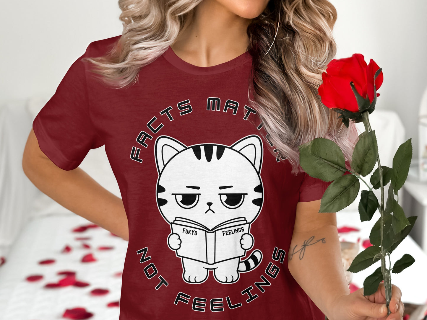 T-shirt with a cartoon cat reading "FUKYO FEELINGS" and text "FACTS MATTER NOT FEELINGS".