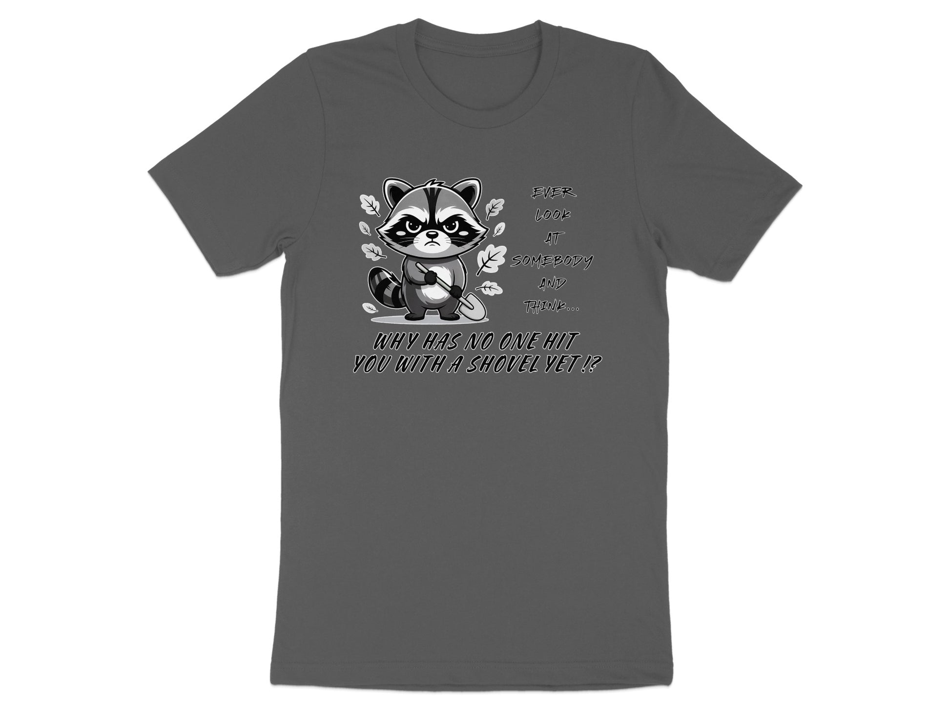 Grumpy raccoon graphic with text: "Ever look at somebody and think... why has no one hit you with a shovel yet!?"