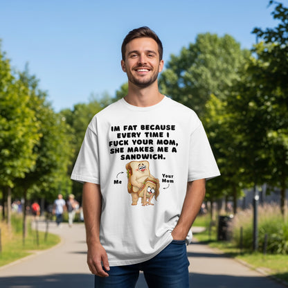 White t-shirt with humorous text about being fat and two sandwich characters.