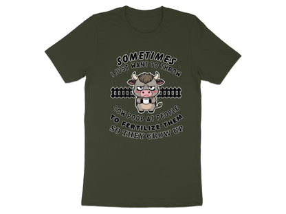 T-shirt with cartoon cow holding cup and text "Sometimes I just want to throw cow poop".