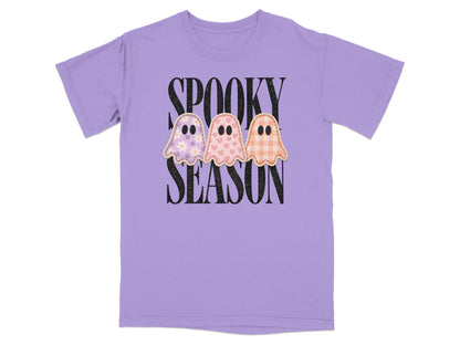 Lavender t-shirt with "Spooky Season" text and three patterned ghost graphics.