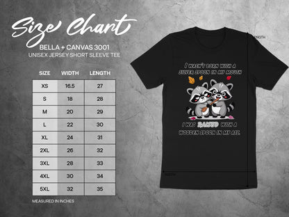 Size chart for Bella + Canvas 3001 unisex tee with graphic of raccoons.