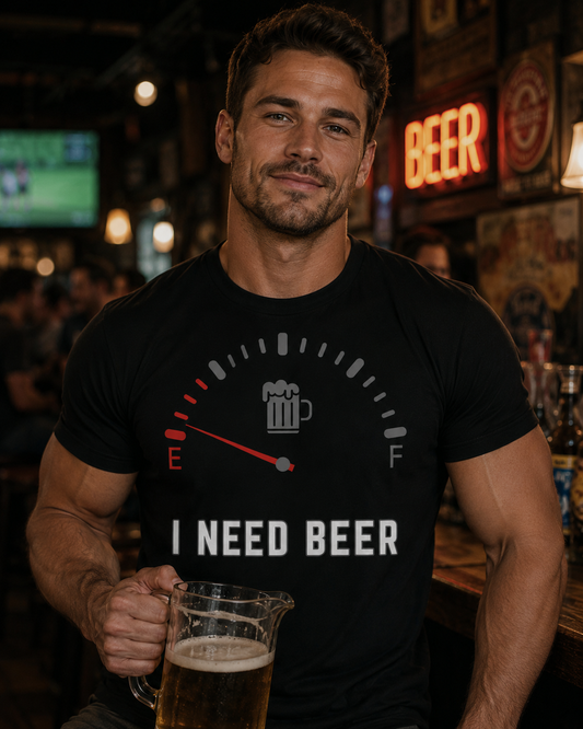 Funny Beer T-Shirt, I Need Beer, Empty Fuel Gauge, Craft Beer, Drinking Shirt, Party Tee, Pub Crawl, Beer Lover Gift, Novelty Beer Top