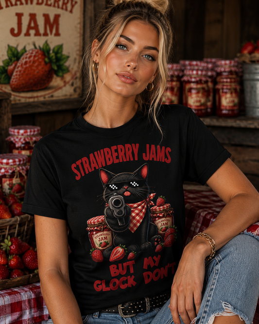 Strawberry Jams But My Glock Don't T-Shirt, Funny Cat With Gun Tee, Meme Shirt, Cat Lover Gift, Cool Kitten Apparel