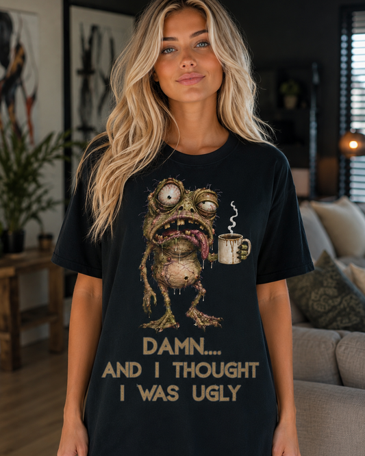 Ugly Creature T-Shirt, Funny Monster Tee, Morning Coffee Humor, Disgusted Creature Shirt, Wacky Art Top, Unique Graphic T-Shirt