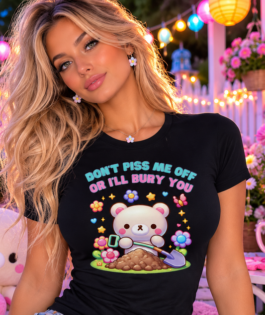 Grumpy Adorable Bear with a Shovel and a Humorous Warning for All Funny Sarcastic Tee