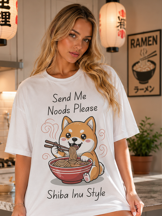 Cute Shiba Inu eating noodles, food enthusiast quote tshirt