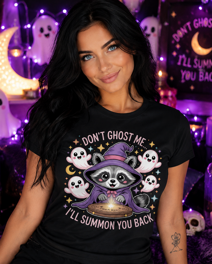Cute Raccoon Wizard Summoning Ghosts Funny Halloween T-Shirt Mystical Charm Design