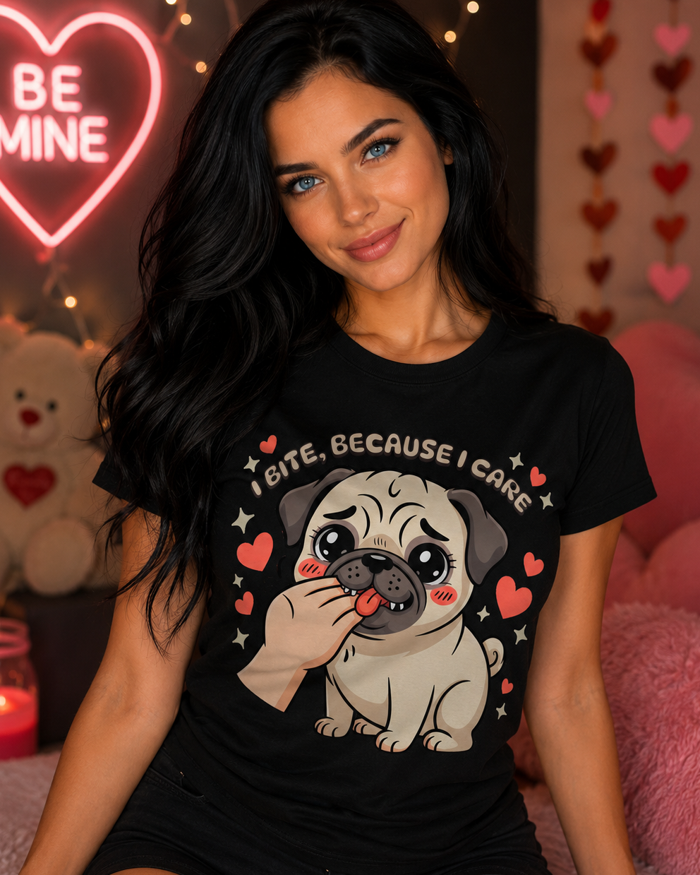Sweet adorable pug puppy T-shirt showing Caring and love by nibbling
