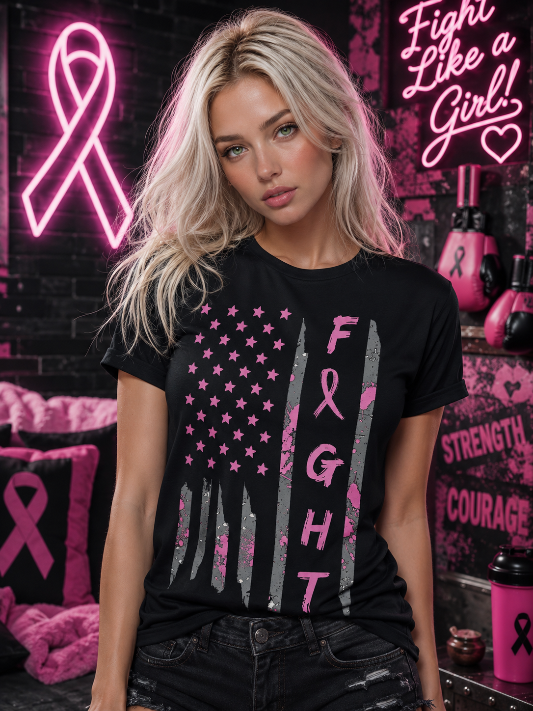 Fight Breast Cancer Awareness American Flag Support T-Shirt