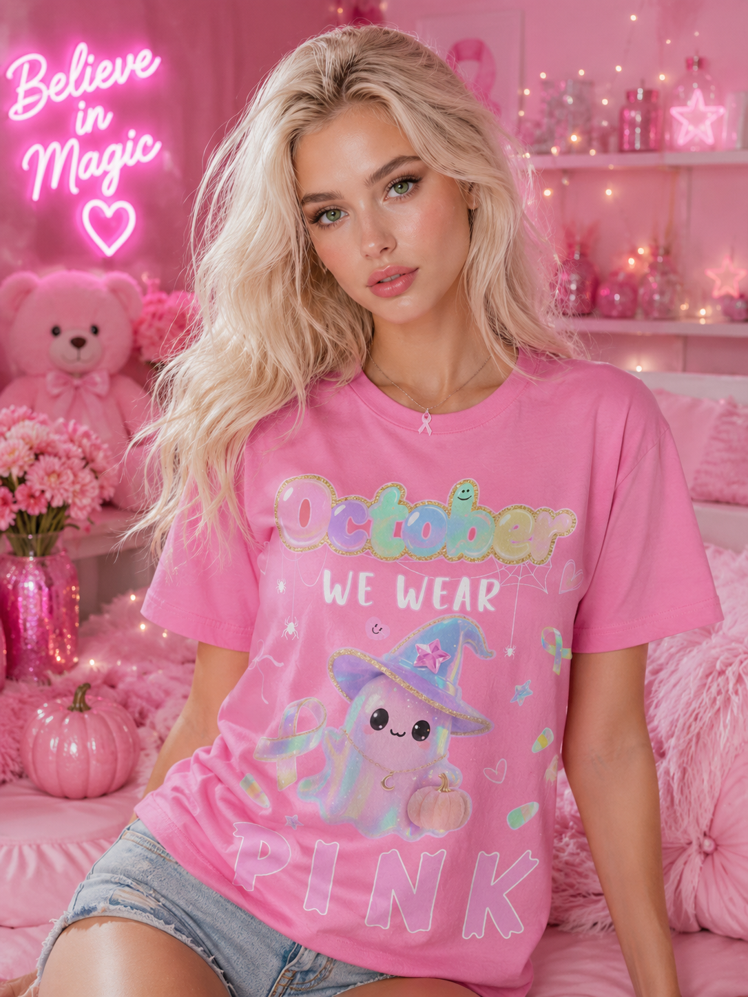 October We Wear Pink Ghost Pumpkin Breast Cancer Awareness T-Shirt