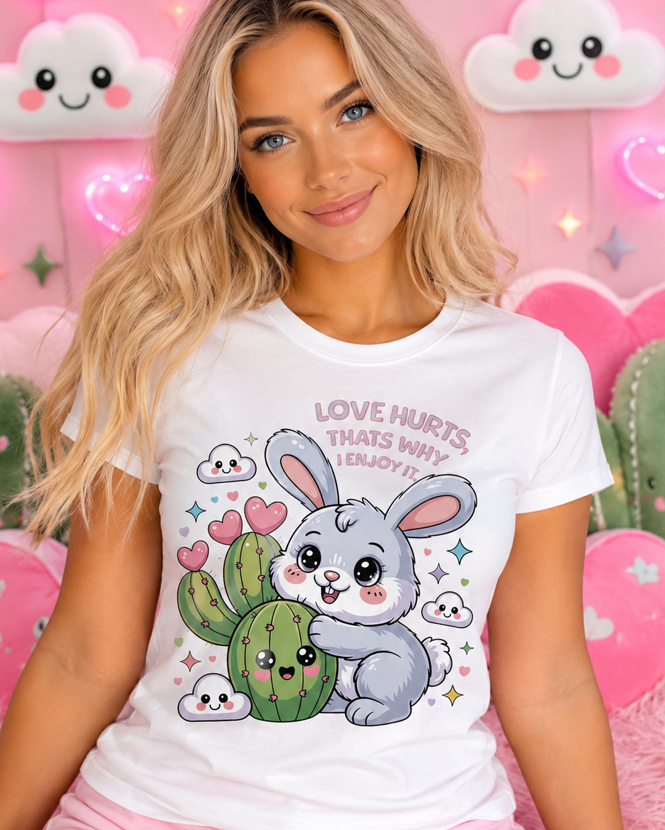 Quirky Cute Rabbit T-Shirt Hugging Cactus with Hearts and 'Love Hurts I Enjoy It'