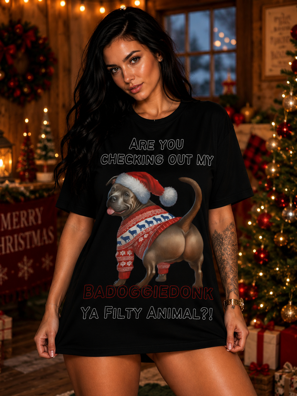Christmas Pitbull Dog Tshirt Are You Checking Out My Badoggiedonk