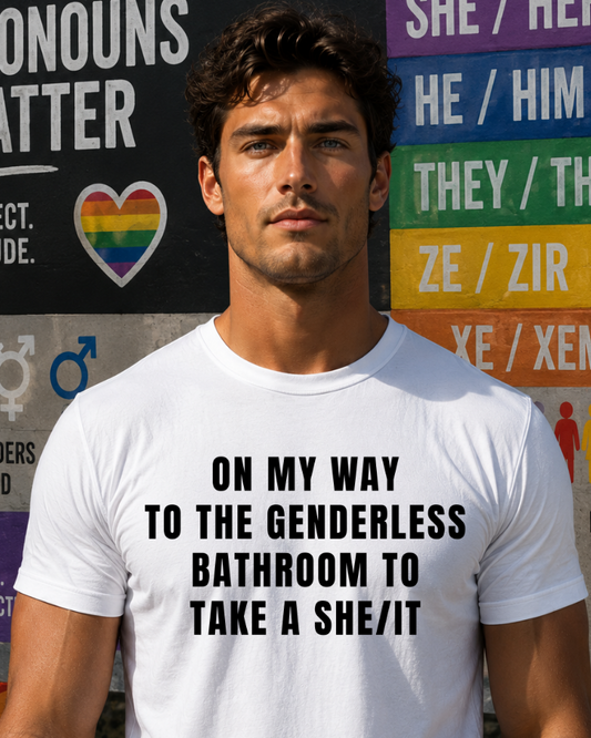 Genderless Bathroom T-Shirt, Funny Pronoun Shirt, She It Toilet Humor Tee, Non Binary Inclusive Top, Witty Bathroom Apparel