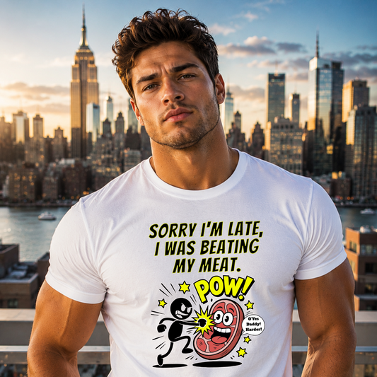 Sorry I'm Late Beating My Meat Funny Graphic T-Shirt