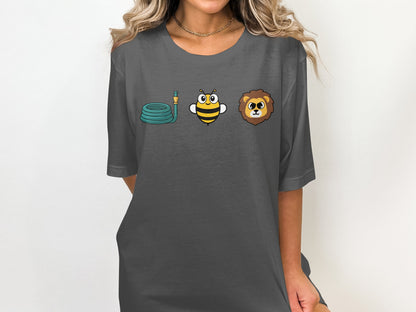 Dark grey t-shirt with a coiled hose, bee, and lion cartoon graphic.