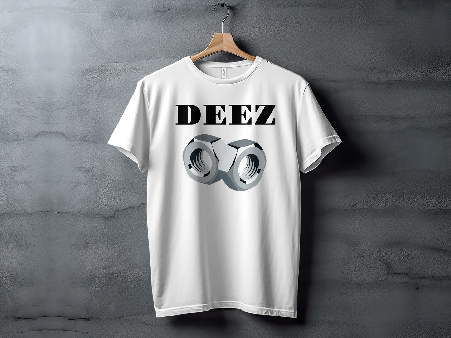 White t-shirt with black "DEEZ" text and a graphic of two nuts.