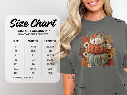 Comfort Colors 1717 heavyweight adult tee size chart with width and length measurements.