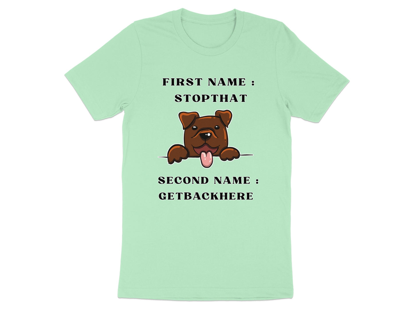 Light green t-shirt with cartoon dog and text "First Name: Stopthat Second Name: Getbackhere".
