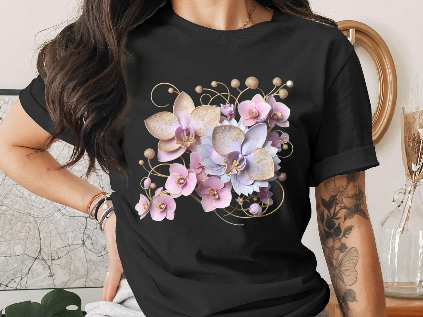 Elegant Orchid T-Shirt: Botanical Floral Design, Soft Girl Tee