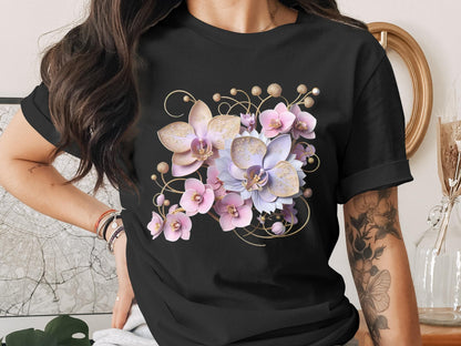 Elegant Orchid T-Shirt: Botanical Floral Design, Soft Girl Tee