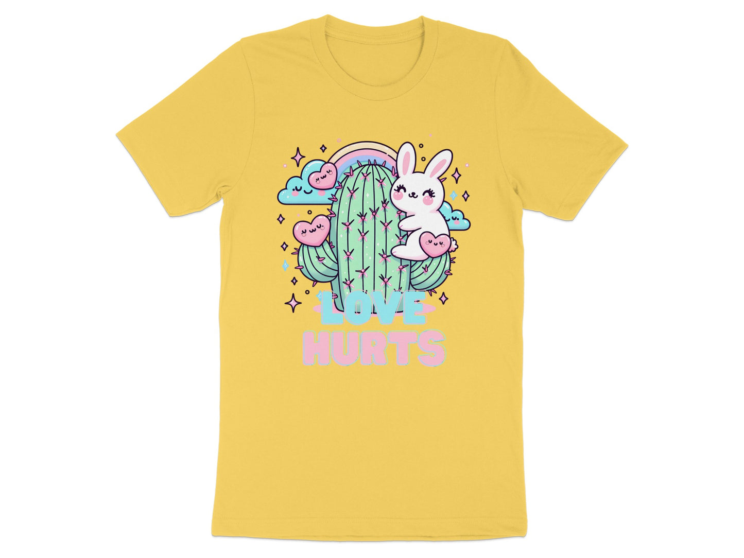 Cartoon cactus with bunny and hearts, "Love Hurts" text on yellow t-shirt.