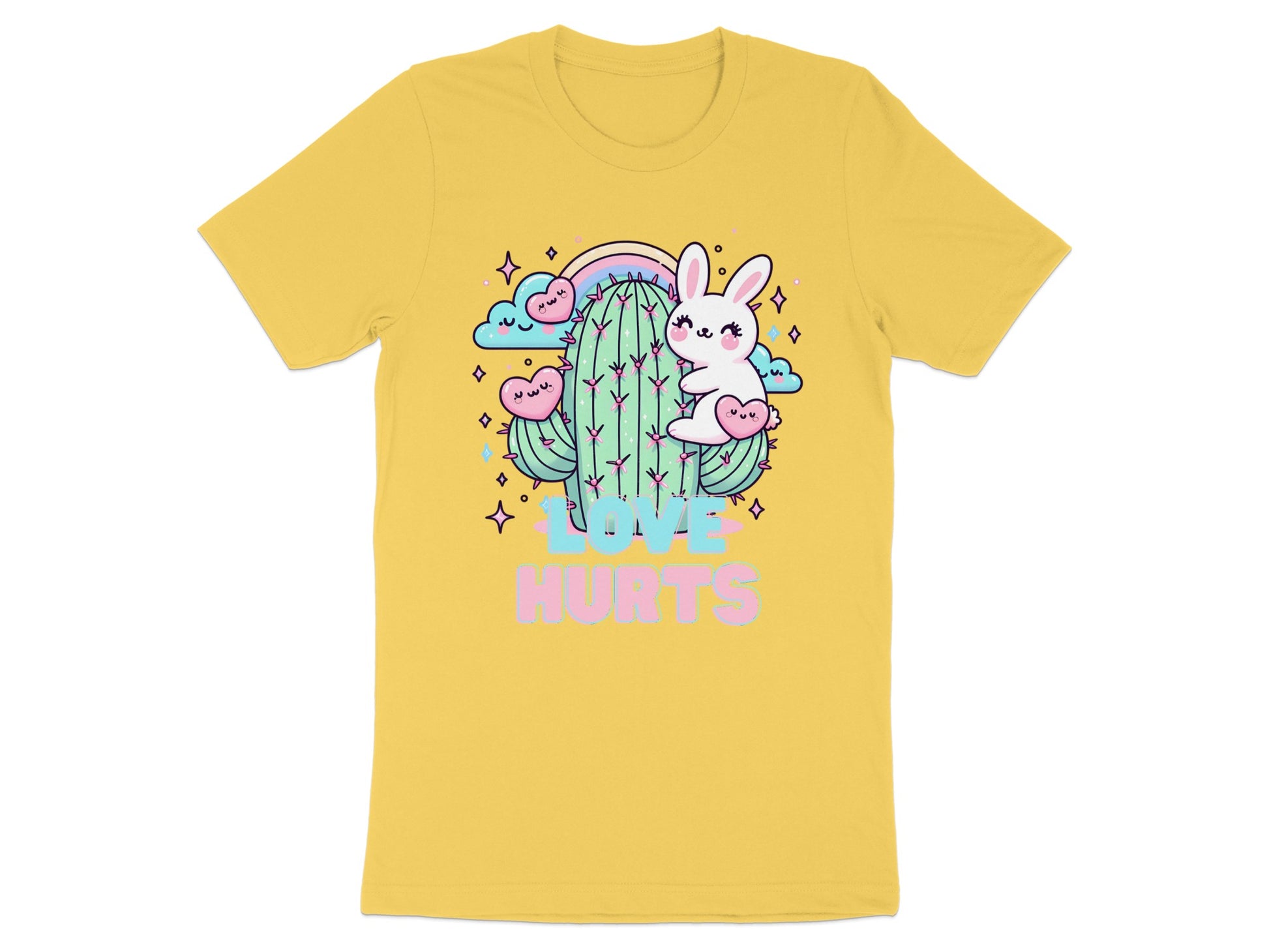 Cartoon cactus with bunny and hearts, "Love Hurts" text on yellow t-shirt.