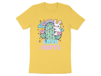 Cartoon cactus with bunny and hearts, "Love Hurts" text on yellow t-shirt.