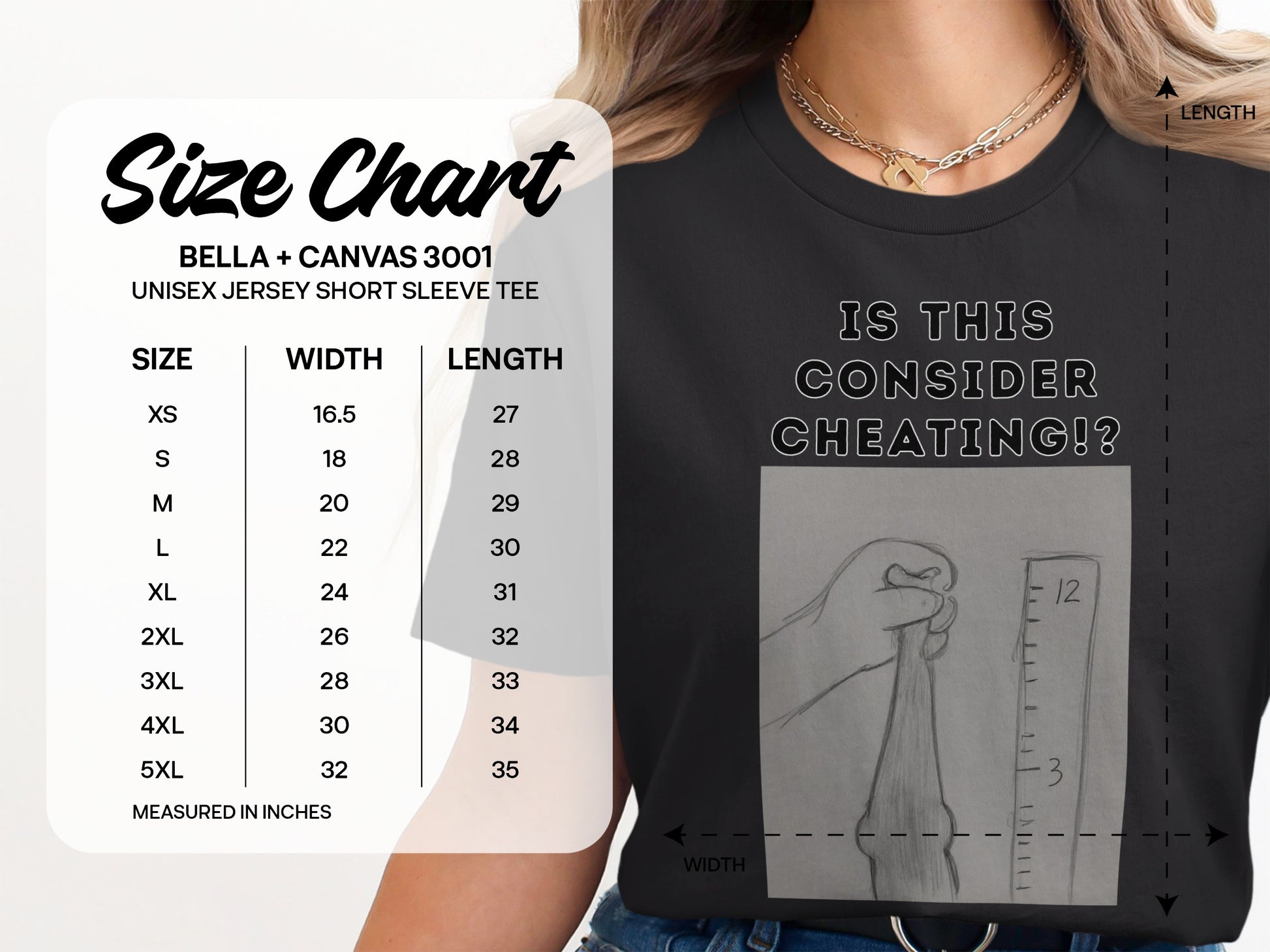 Bella + Canvas 3001 unisex t-shirt size chart with width and length measurements.