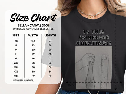 Bella + Canvas 3001 unisex t-shirt size chart with width and length measurements.