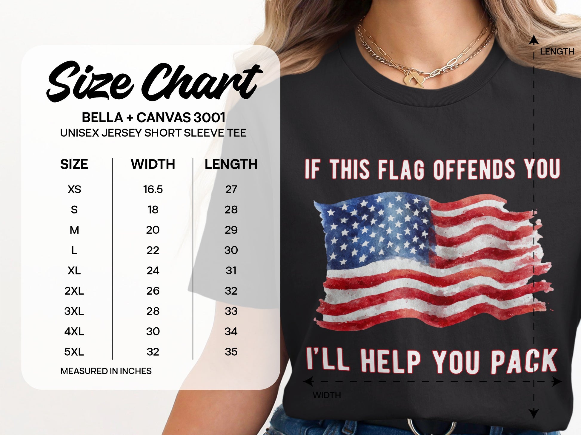 Size chart for Bella + Canvas 3001 unisex short sleeve tee with patriotic flag graphic.