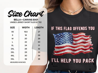 Size chart for Bella + Canvas 3001 unisex short sleeve tee with patriotic flag graphic.