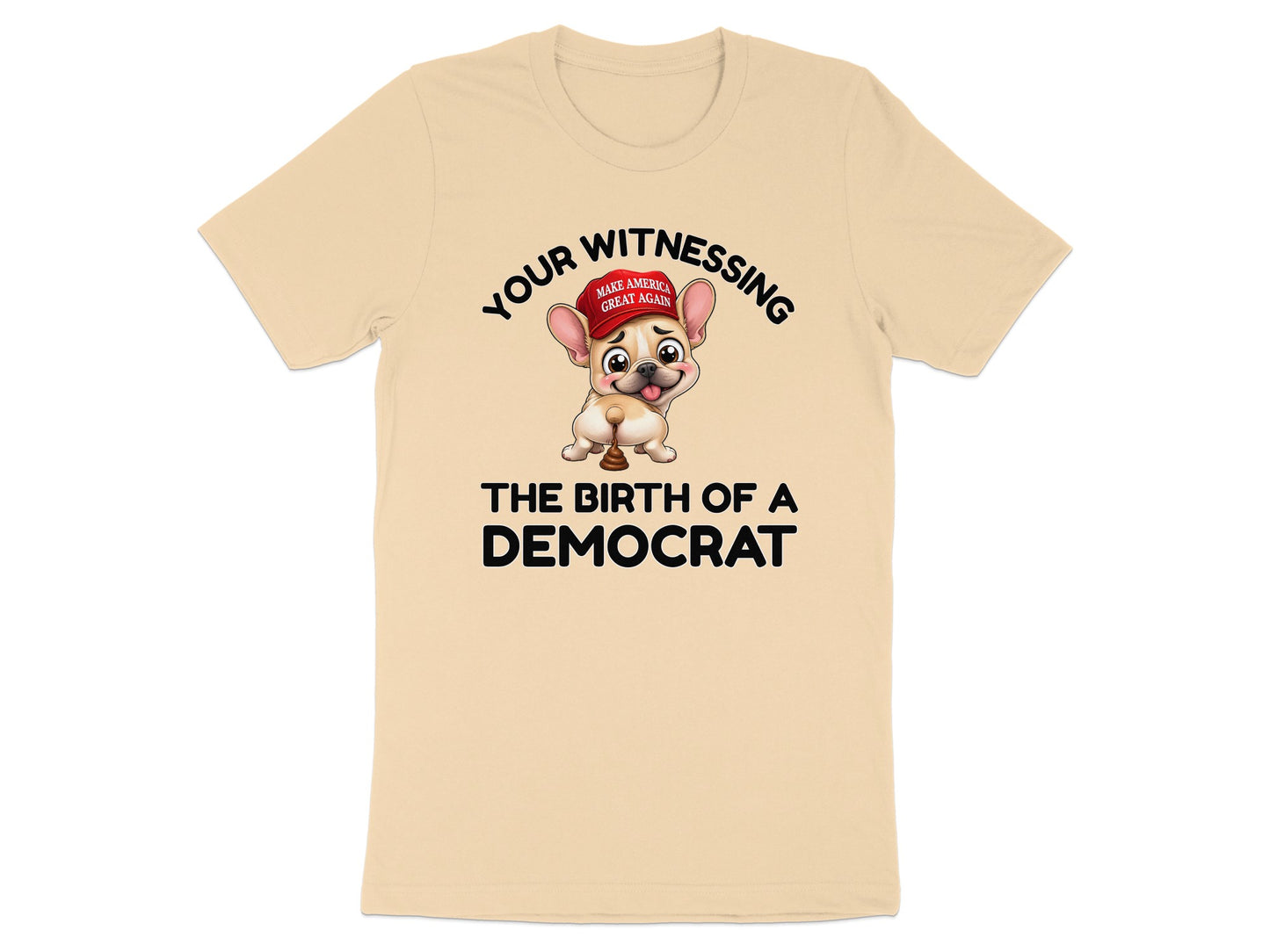 French bulldog with "Make America Great Again" hat and humorous text.