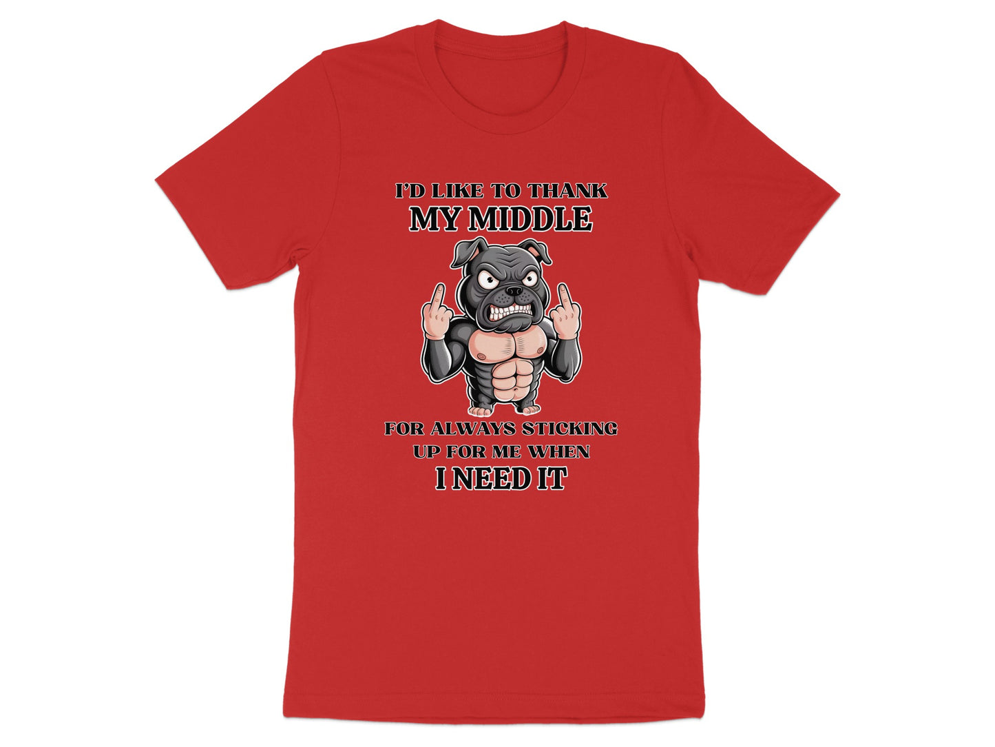 Red t-shirt with a muscular illustration of a dog giving the middle finger.