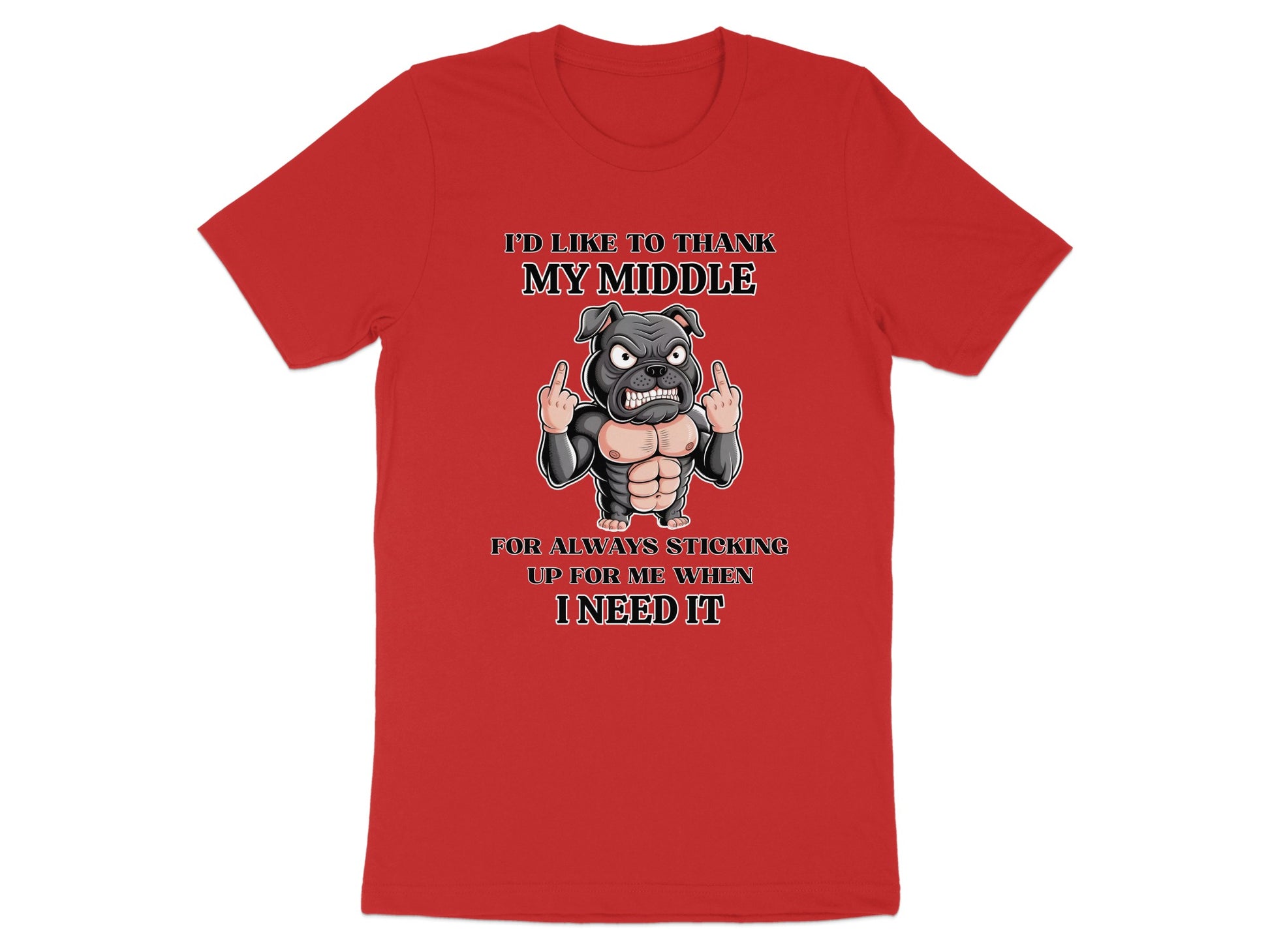 Red t-shirt with a muscular illustration of a dog giving the middle finger.