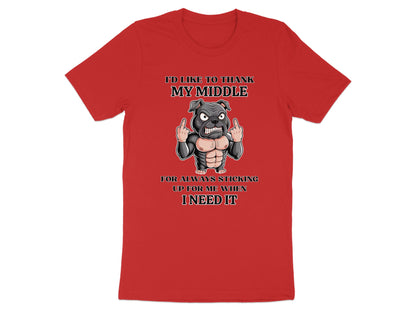 Red t-shirt with a muscular illustration of a dog giving the middle finger.