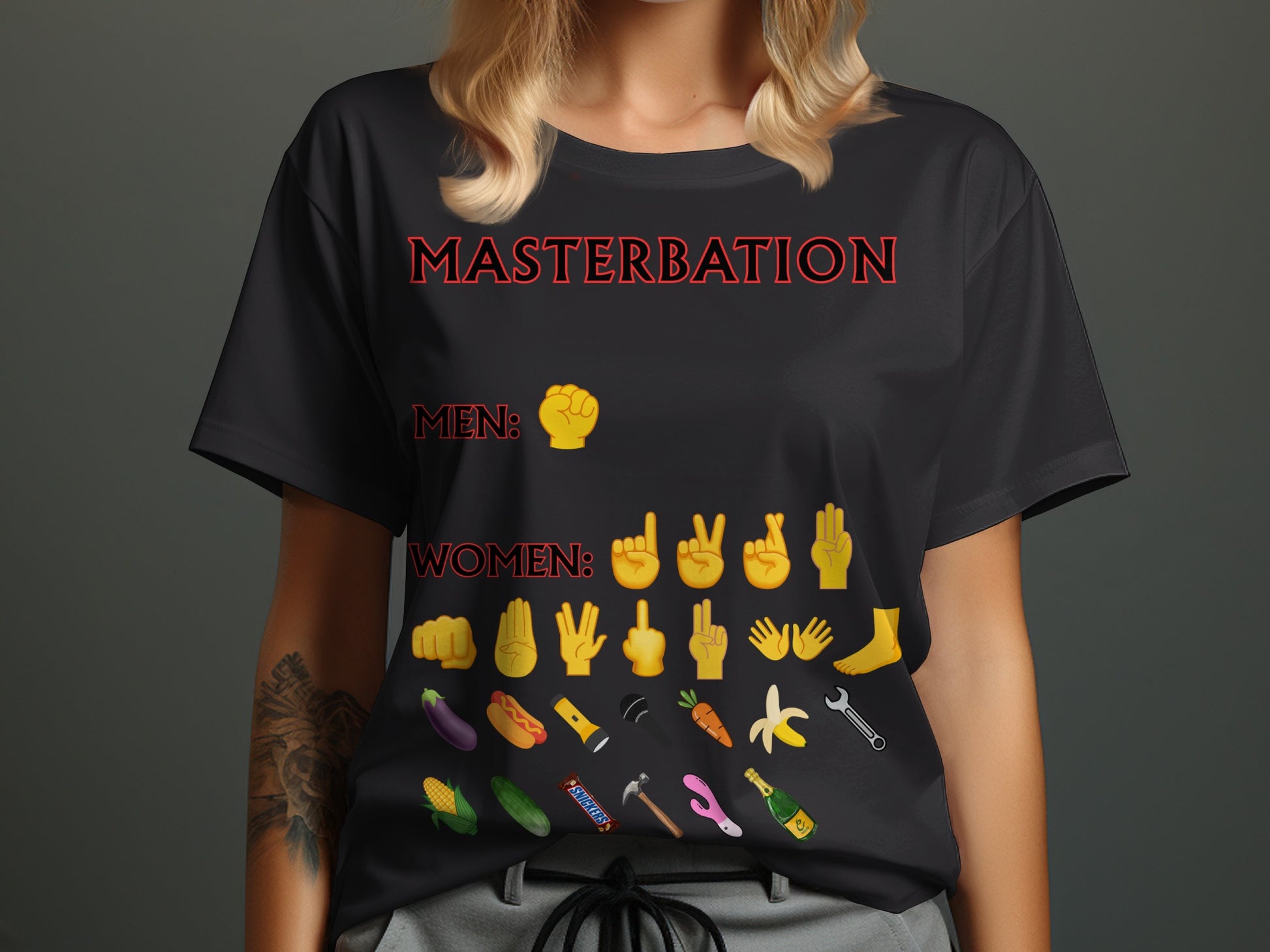 Black t-shirt with "MASTERBATION" text and emoji illustrations of hand gestures, body parts, and items.