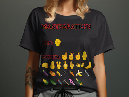 Black t-shirt with "MASTERBATION" text and emoji illustrations of hand gestures, body parts, and items.