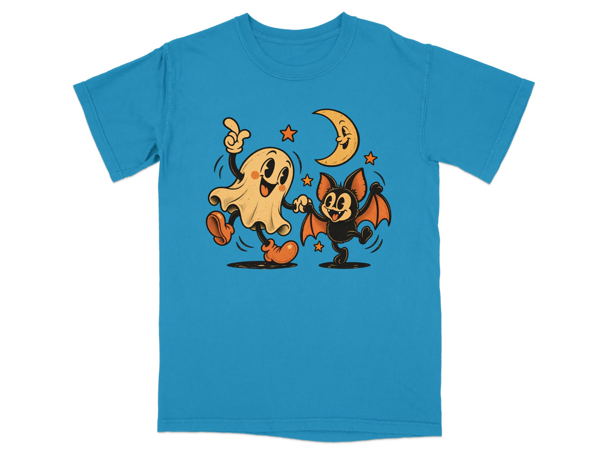 Cartoon ghost and bat dancing under a happy moon and stars.