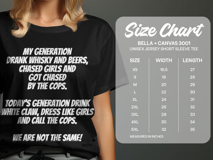 Black t-shirt with text comparing generations, next to a size chart for Bella + Canvas 3001 tees.