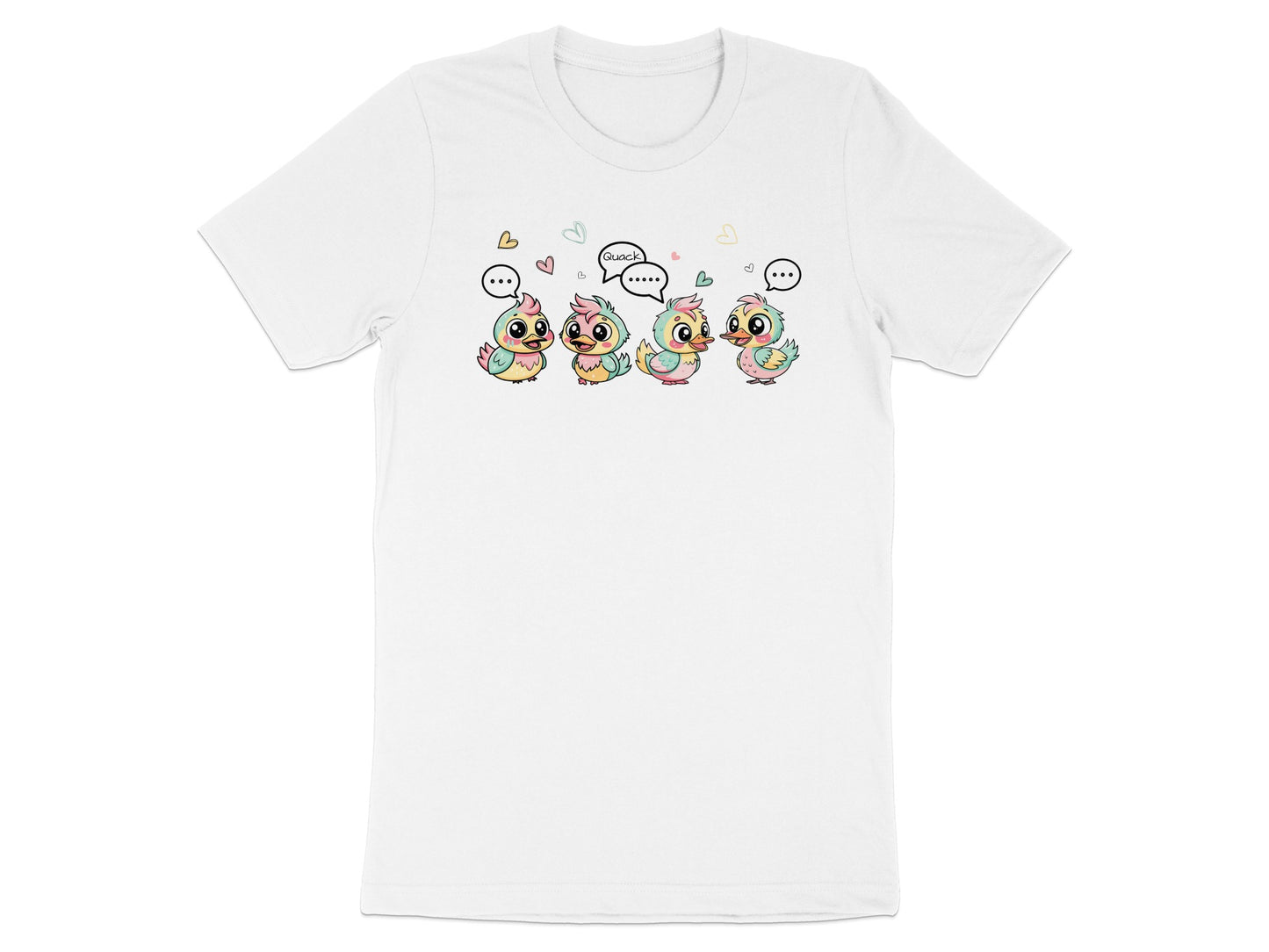 Four cartoon ducks with pastel colors and speech bubbles saying "Quack".