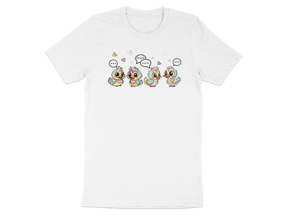 Four cartoon ducks with pastel colors and speech bubbles saying "Quack".