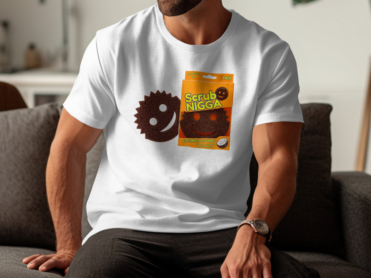 White t-shirt with "Scrub Nigga" packaging and scrubber featuring smiling faces.
