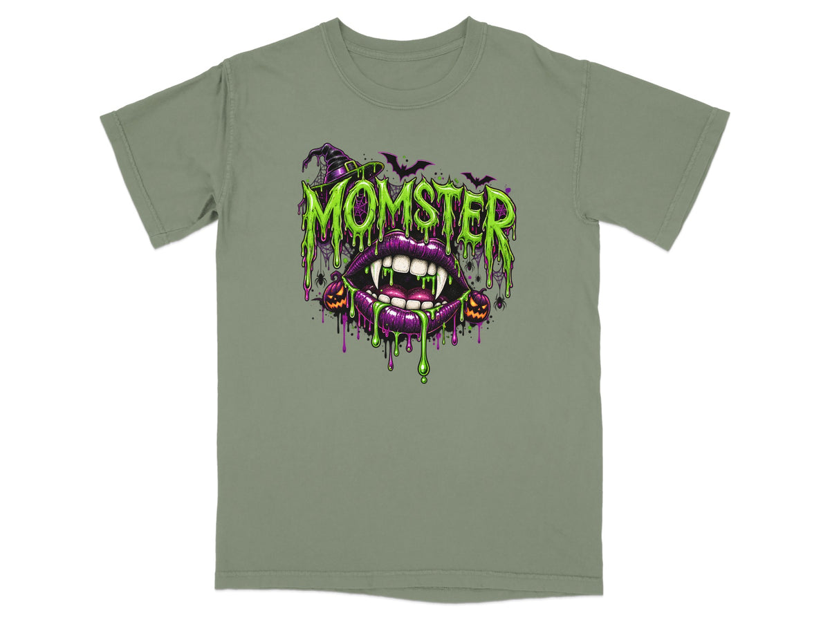 Green t-shirt with "MOMSTER" Halloween graphic featuring dripping slime and vampire lips.