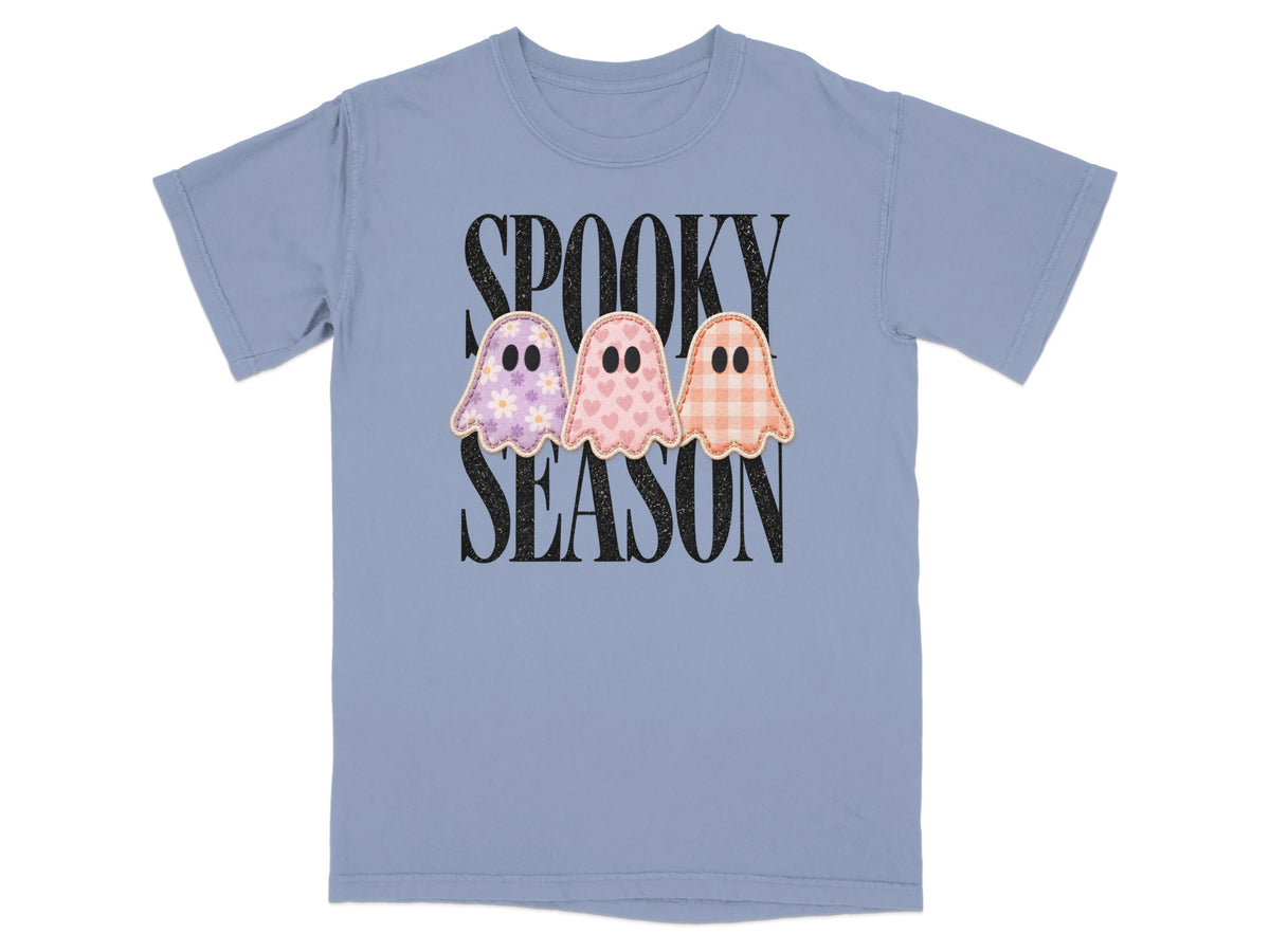 Blue t-shirt with "SPOOKY SEASON" text and three decorative ghosts.